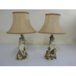 A pair of table lamps in the form of porcelain figurines and with silk shades