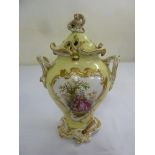 Meissen pot pourri holder, two handled yellow ground decorated with hand painted courting scene,