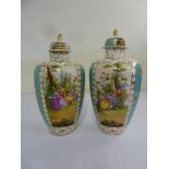 A pair of Dresden covered vases, oval decorated with courting scenes to the sides A/F