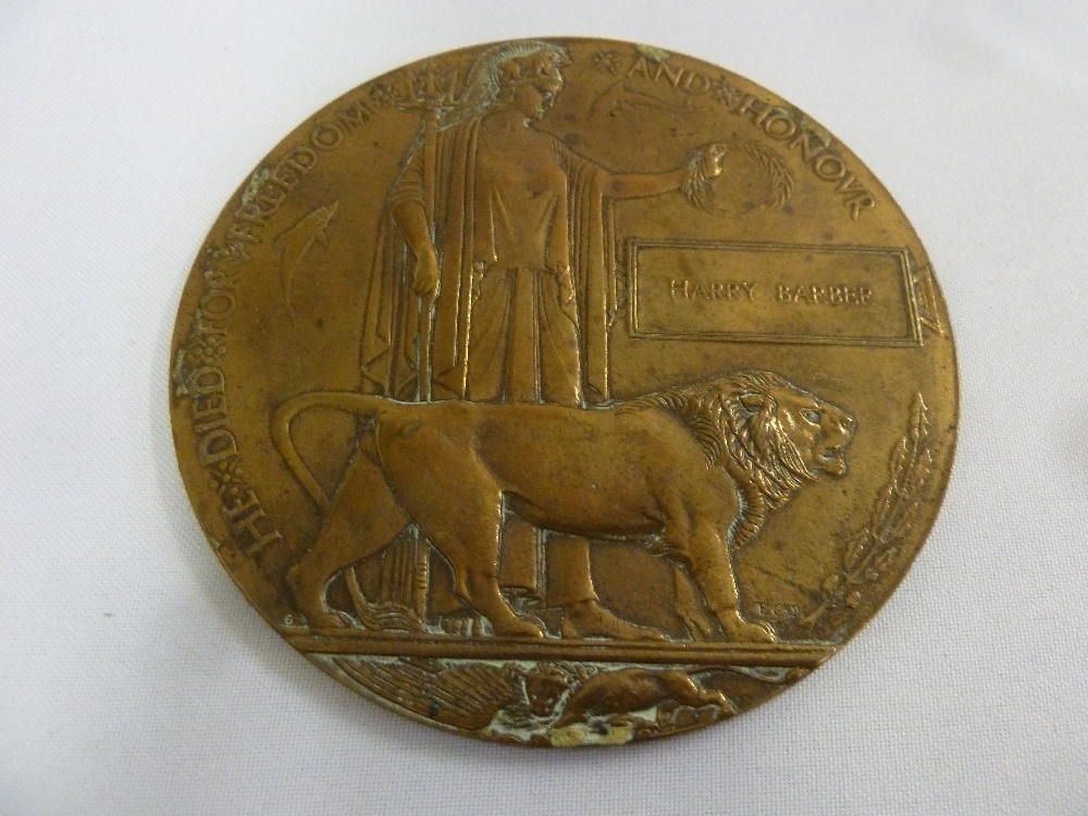 WWI brass death plaque named for Harry Barber