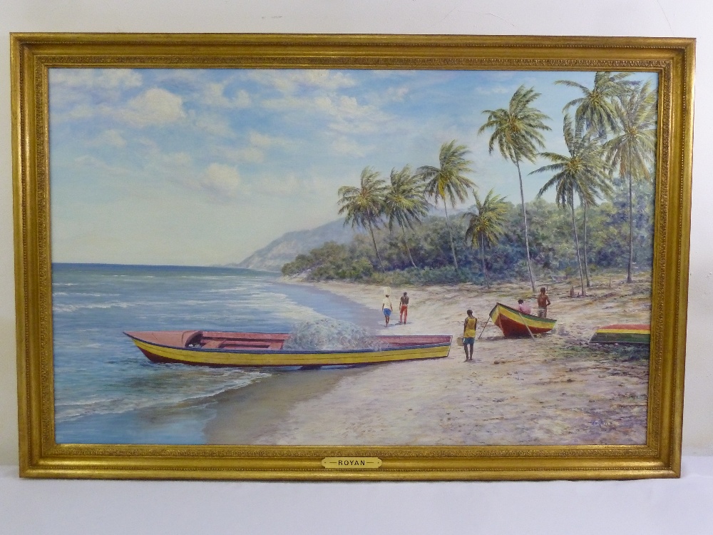 Royan framed oil on canvas of a Caribbean beach scene, signed bottom right, 78 x 125cm