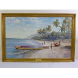Royan framed oil on canvas of a Caribbean beach scene, signed bottom right, 78 x 125cm