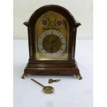 A Victorian mahogany mantle clock silvered dial, Roman numerals, two train movement, to include