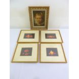 A set of four still life framed prints and an oleograph of a young girl after Rubens