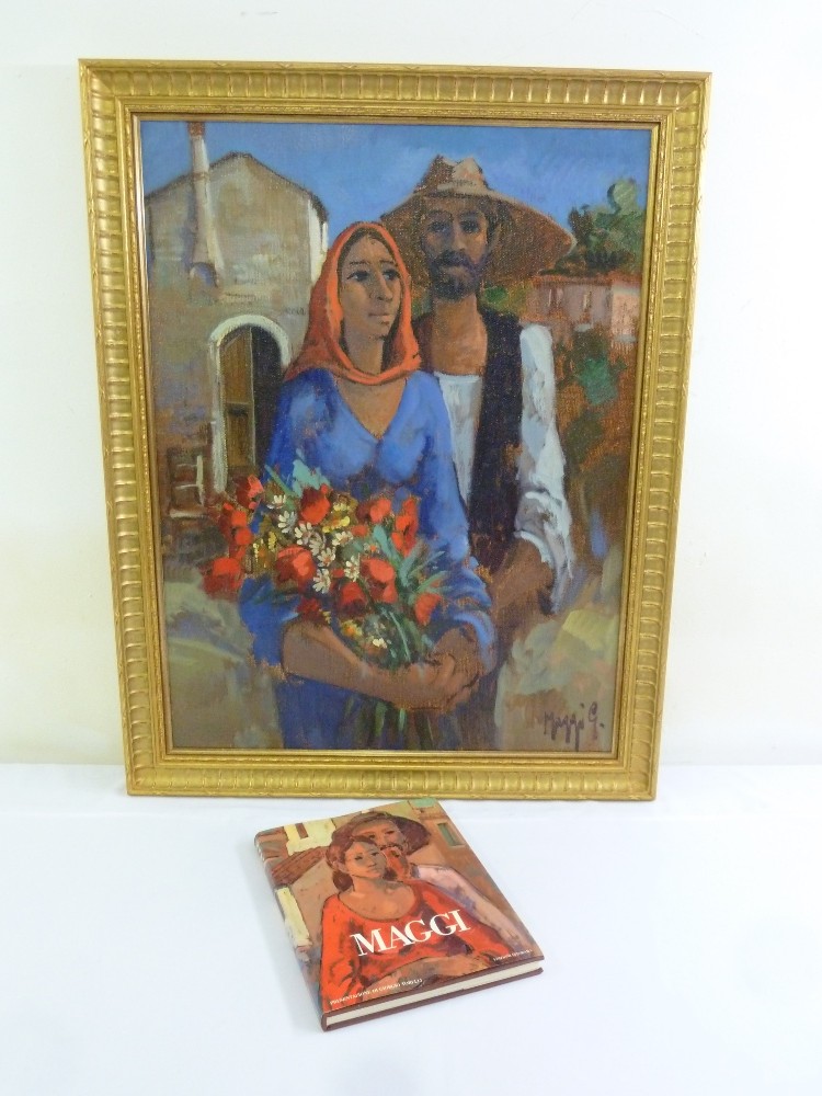 Maggi oil on canvas of a farmer and wife, signed bottom right, to include coffee table book of the