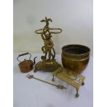 A quantity of brass to include an umbrella stand, a coal scuttle and a kettle (5)