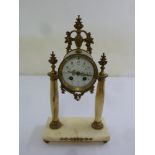 A French marble and bronze mantle clock, circular enamel dial, Arabic numerals two train movement