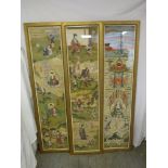 Three 19th century Chinese framed and glazed hand painted panels, depicting figures and deities in