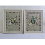 A pair of Persian framed and glazed silk paintings of figures on horseback, 49 x 37cm