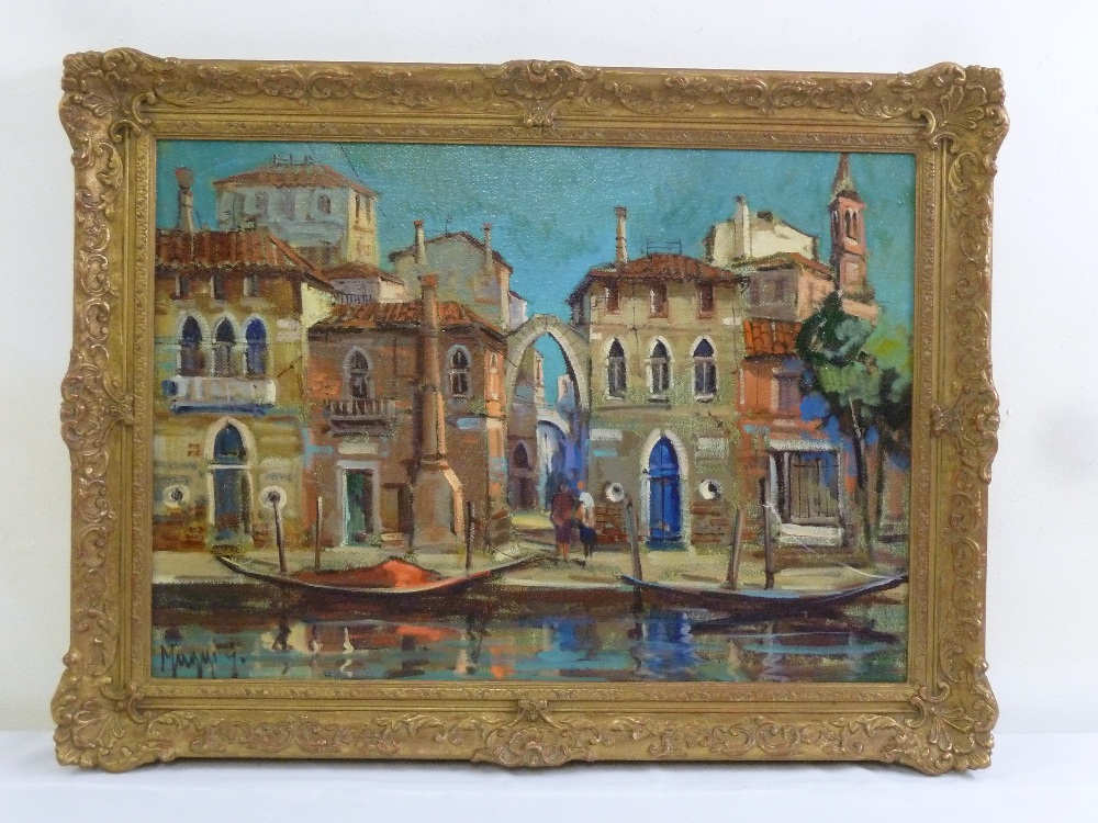 Maggi oil on canvas of a Venetian waterfront scene, signed bottom left, 48 x 68cm