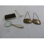 A quantity of silver and white metal to include two whisky labels, a magnifying glass, a