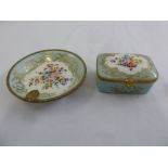 Atelier le Tallec covered box, blue ground decorated with flowers and a matching dish