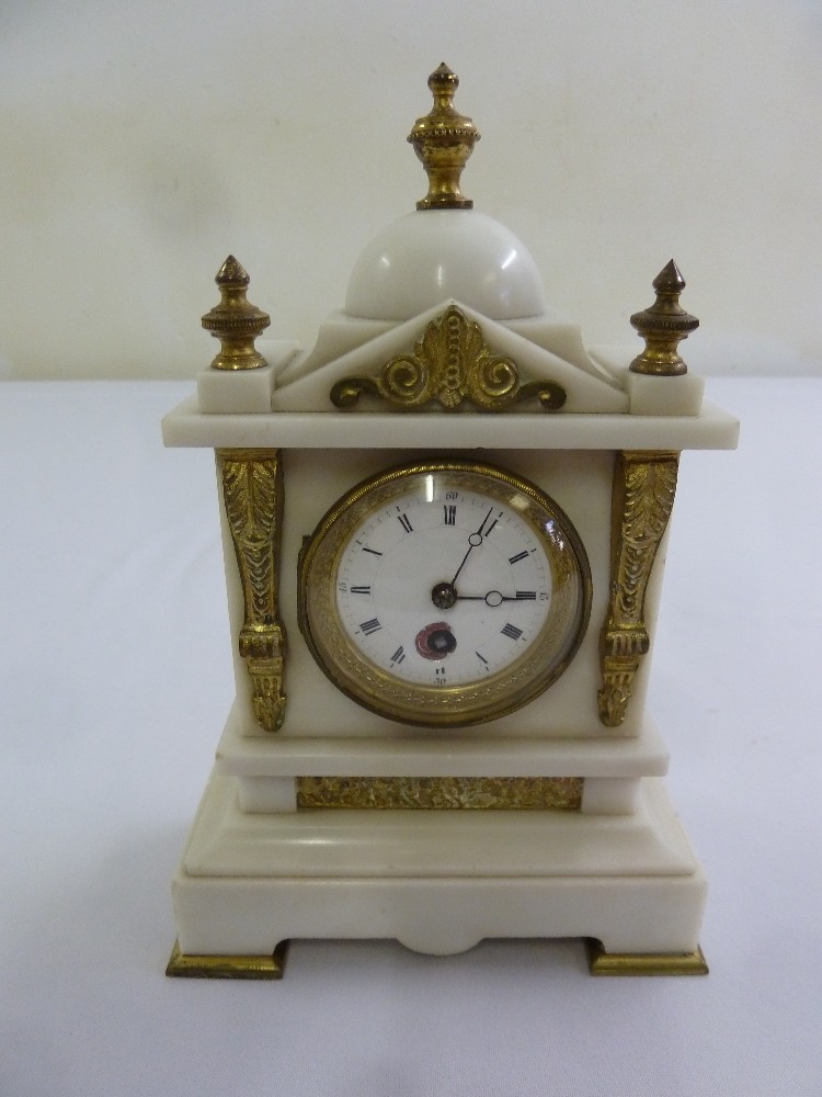 A marble and gilt metal architectural mantle clock, circular enamel dial, Roman numerals, A/F