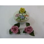 Herend circular covered dish and two Herend rose table decorations