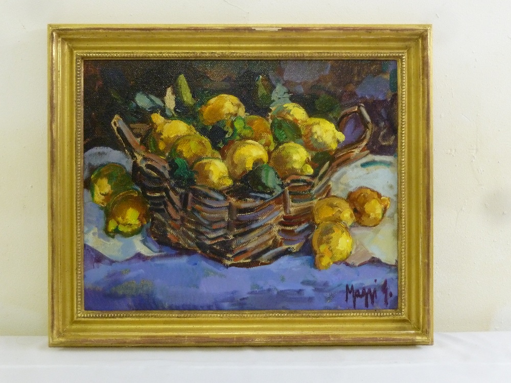 Maggi oil on canvas still life of flowers, signed bottom right, 39 x 49cm