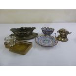 A quantity of metal and enamel work to include Persian dishes and a pewter gravy boat on stand (6)