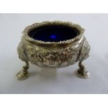 A Victorian silver salt with detachable blue glass liner, London 1850