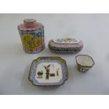 A 19th century Chinese enamel tea caddy, a covered box, a pin tray and a miniature bowl