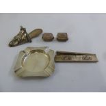 Two silver pill boxes, a comb, an ashtray and a decorative white metal shoe