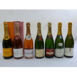 Seven bottles of champagne to include Veuve Clicquot, Petit-Bonnet rose, Henry Dumanois rose, Moet