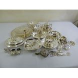 A quantity of silver plate to include entree dishes and covers, condiment set, grape scissors and