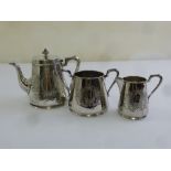 Silver plated three piece teaset to include teapot, sugar bowl and milk jug