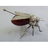 Mappin and Webb silver plated and ruby glass novelty honey pot formed as a bee, stamped to the base,