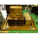 Miniature Oriental cabinet, 2 oak tea trays, miniature coffer, shell cases, etc.