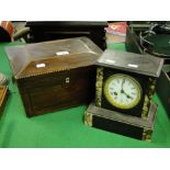 A slate mantel clock and an inlaid work box with tray fitted interior.