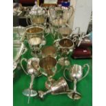 Large quantity of silver plated 2-handled trophies, (13).
