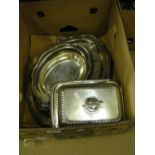 Box with plated salvers and a entree dish.