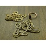 2 9ct gold chains and a 9ct gold stone set ring, 12.7g gross.