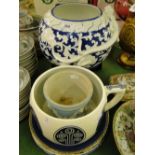 An Oriental design blue and white bowl on stand with dragon decoration, Wedgwood plate and vase,