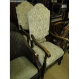 Pair of upholstered high back elbow chairs.