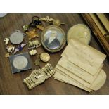 Box containing 19th century miniature watercolour portrait of a gentleman, coins, medallions, etc.