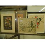 Oriental watercolour on silk, bird and floral studies and another, (4).