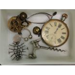 Box containing 19th century nickel plate pocket watch, 1970s Swedish silver brooch, Tiffany key fob,