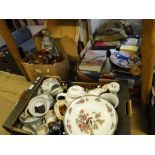 Miscellaneous pictures, 3 boxes of various china and metalware.