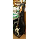 A Hohner Professional bass guitar with case and stand.