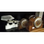 3 Art Deco mantel clocks and a set of kitchen scales.