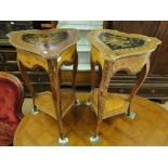 Pair of continental Kingwood and walnut occasional tables with brass decoration.