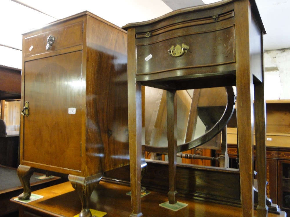 A walnut pot cupboard and a mahogany serpentine front side table.