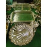 Pair of silver plated 2-handled and glass lined serving dishes and a plated nut dish.