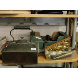 Large Victorian square copper kettle, Antique flat irons and box of brass ornaments.