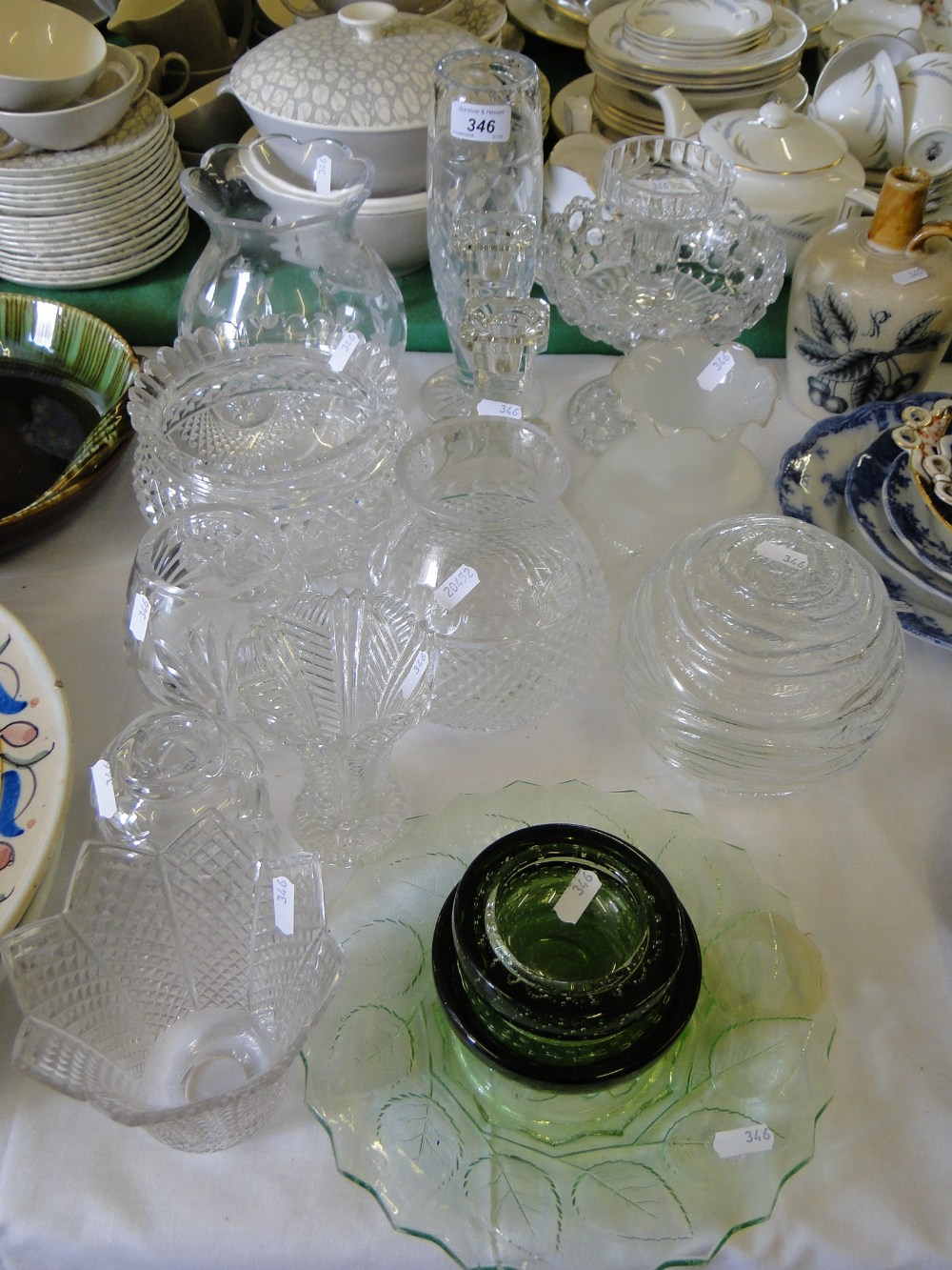 2 Whitefriars bubble glass dishes, cut-glass lamp shades, vases, candlesticks, etc.