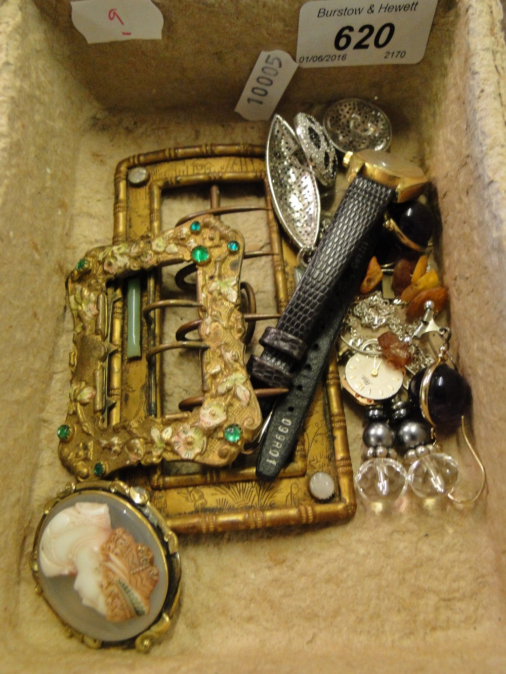 Costume jewellery, gilt metal buckles, etc.