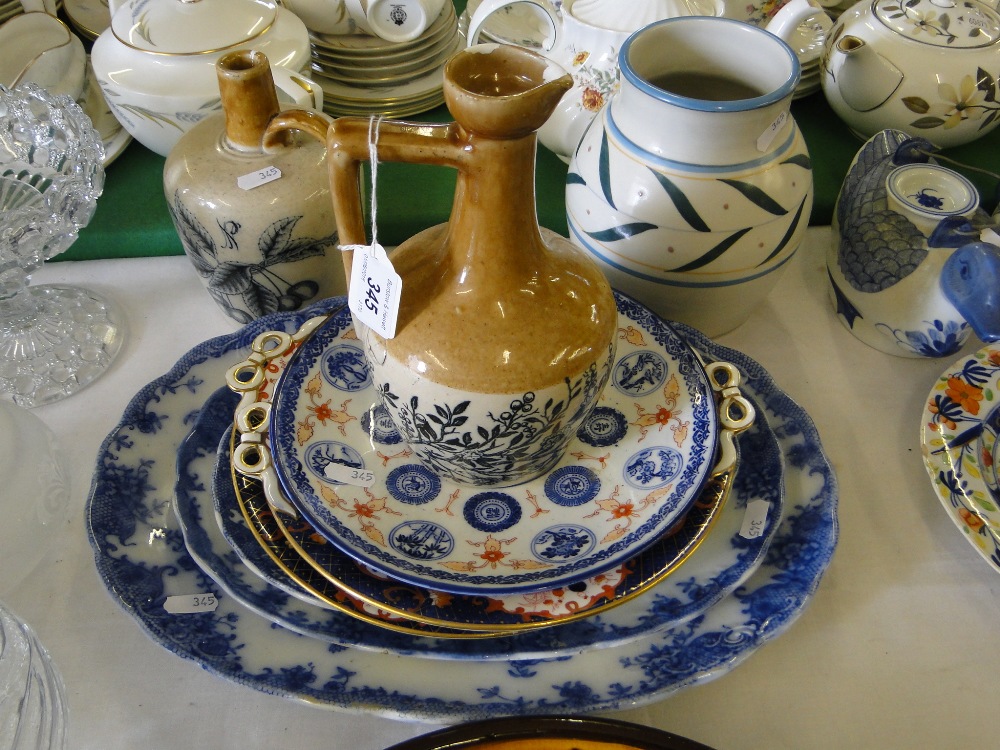 Victorian blue and white meat plates, Imari plates, flagons, etc.