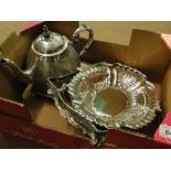 A Victorian silver plated teapot, silver baskets, etc.