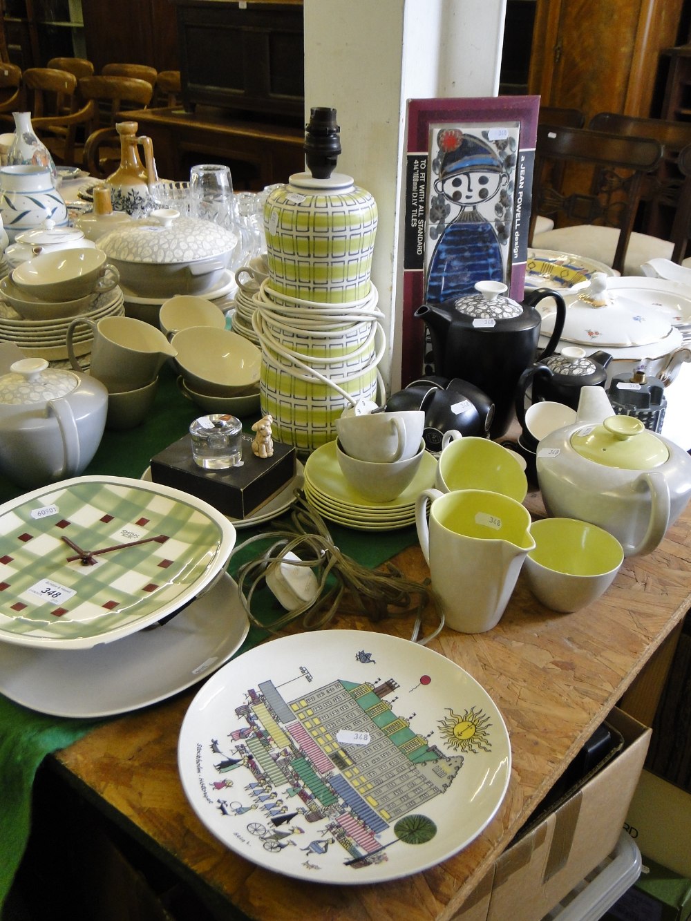 2 Poole 2-tone teasets, table lamp, a T G Green wall clock, etc.
