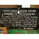 A large cast-iron railway sign from London & North Eastern Railway "Warning To Trespassers.